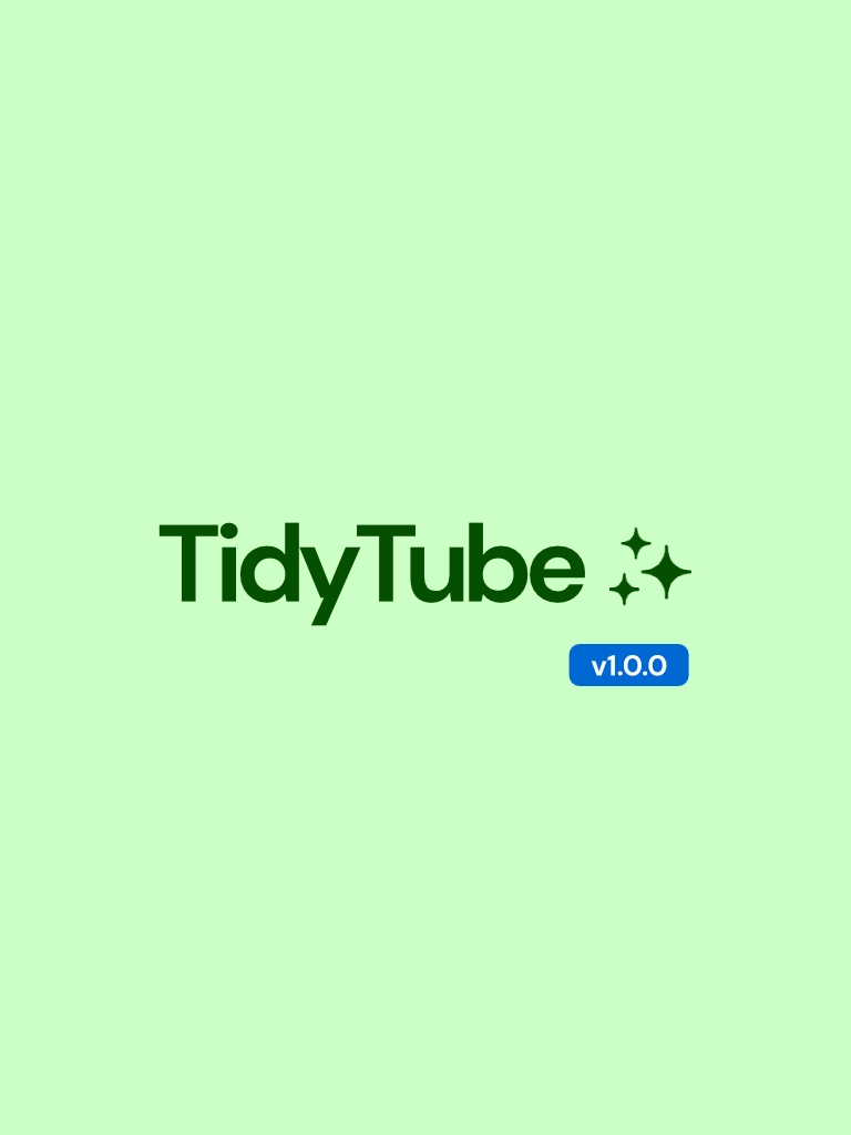 A logo for the web extension "Tidy Tube". Shows an icon of stars on the right and text reading "Tidy Tube, version 1.0.0" on the left.