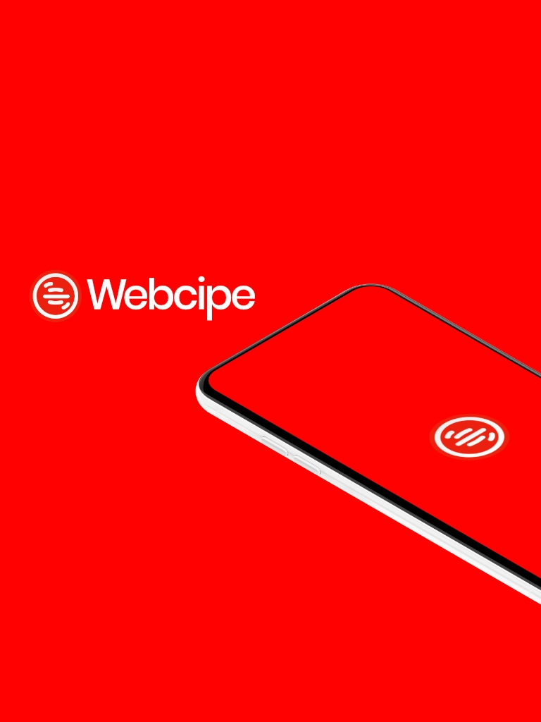 A logo for the app "Webcipe". Shows text reading "Webcipe" with a mobile phone showing the launcher icon of the app.