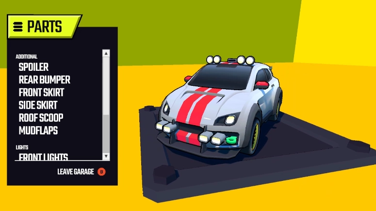 A computer game, a car is spinning on a plinth as the user selects a new part for the car from a menu.