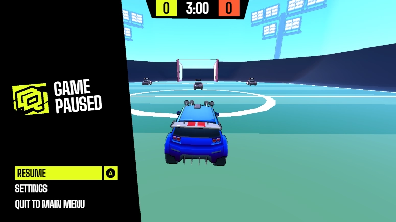 A computer game, a car is stationary on a football pitch. A rival team of cars is lined up on the opposite end of the pitch.