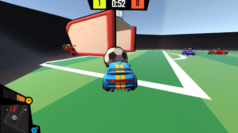 A computer game, a car is guiding a large football into an oversized net.